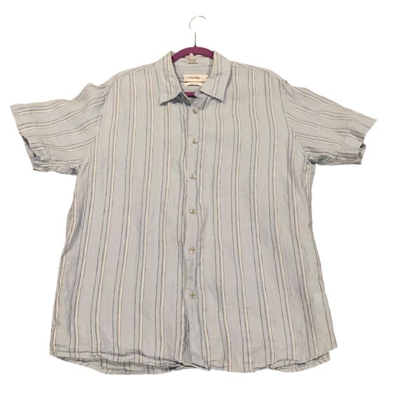 Calvin Klein Mens Preppy nautical blue Striped Linen Button Up Top L Coastal - Picture 5 of 5